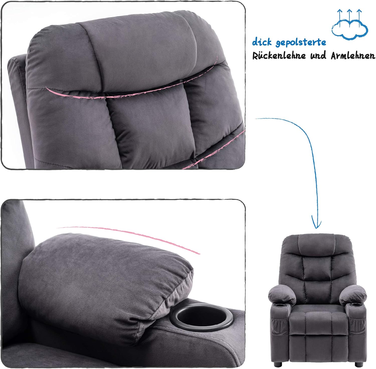 MCombo Kids Sessel Jugend- und Kindersofa Kindersessel mit Liegefunktion 7355 (Dunkelgrau)