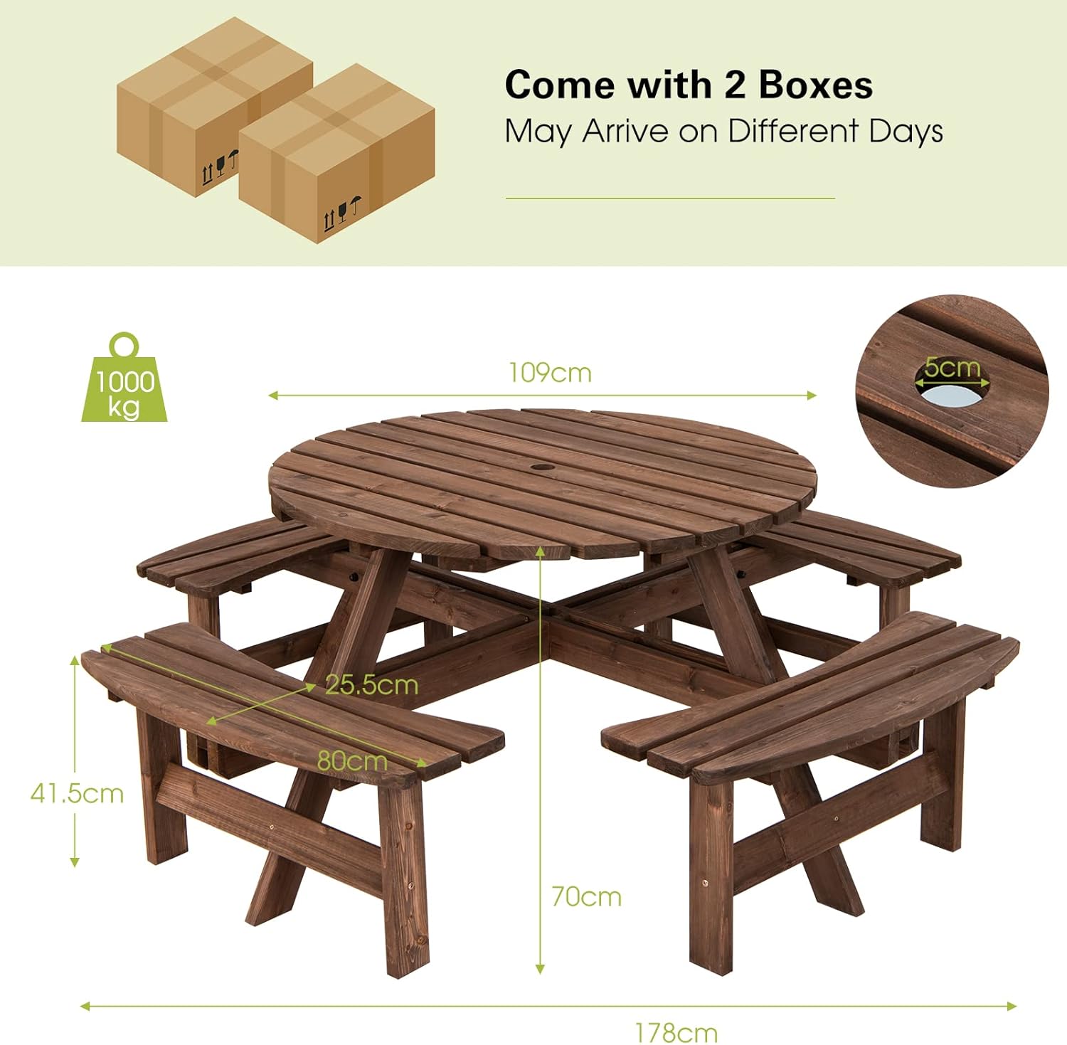 GIANTEX Gartenmöbel Set Holz 8 Personen, Garten Sitzgruppe 4 Bänken & 1 Gartentisch, Picknicktisch mit Schirmloch, Bierzeltgarnitur Bierbankgarnitur Biertischgarnitur Massiv Tannenholz wetterfest