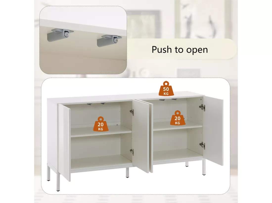 Buffet 4 portes et étagères réglables - à rayures verticales - Blanc
