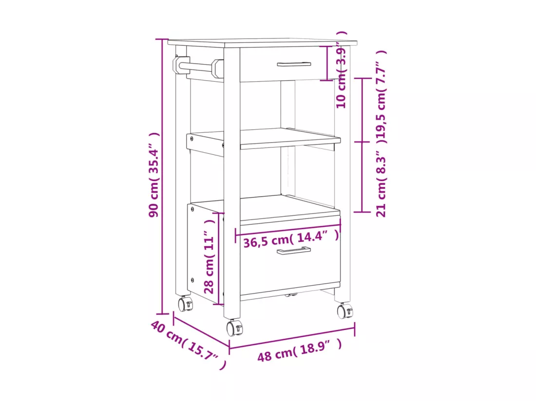 Chariot de cuisine MONZA 48x40x90 cm bois massif de pin