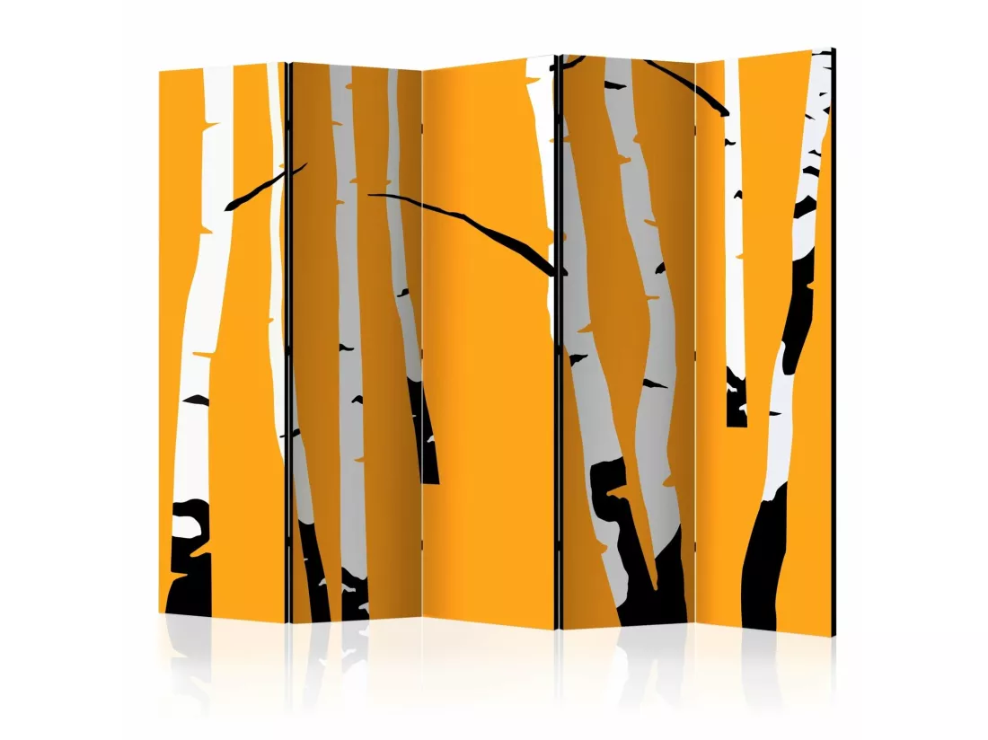 Paravent design bouleaux stylisés sur fond chaleureux