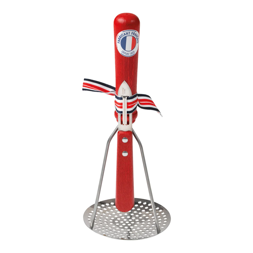 Ensemble presse purée et éplucheur rouge en bois de hêtre Roger Orfèvr