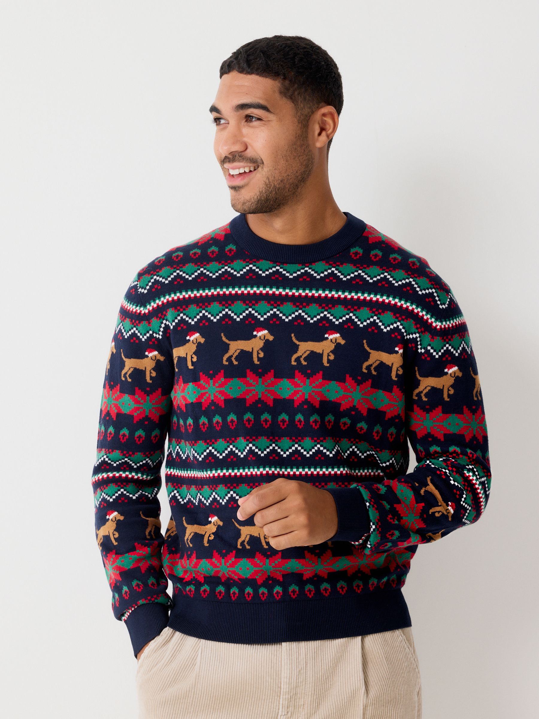 Donkerblauw - Regular Fit Christmas Dog Fairisle Pattern Crew Neck Jumper