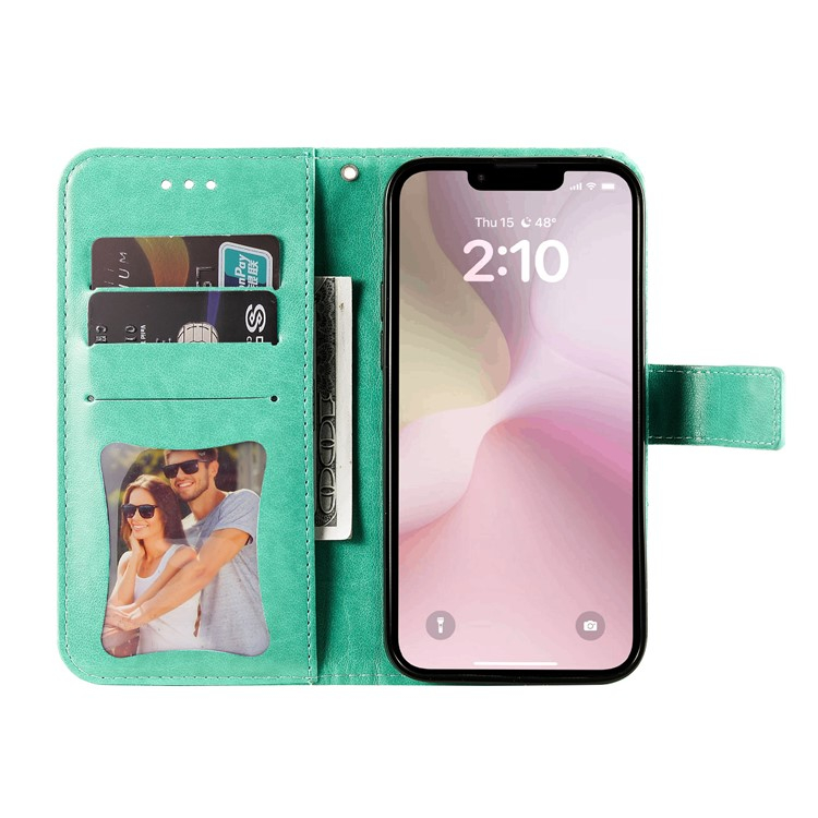 iPhone 16e Leder Tasche Wallet - Mandala Flowers Imprint - Türkis