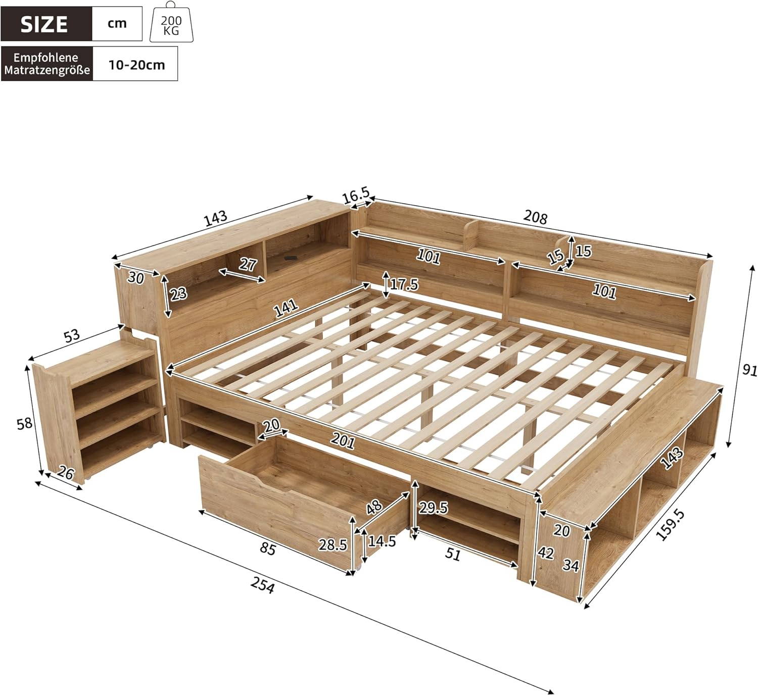 Kinderbett 140x200 cm, Doppelbett, Multifunktionales Holzbett mit Schubladen, Bücherregal und Stauschrank, großer Stauraum, Lattenrost, ohne Matratze, Natur