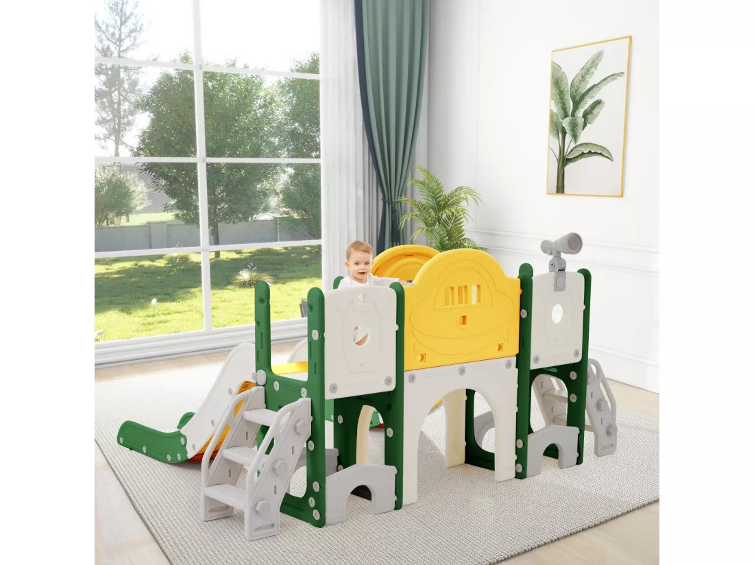 Aire de jeux pour enfants 8 en 1 avec toboggan, mur d'escalade, jeu de trous de forage, vert