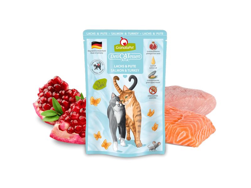 GranataPet Nassfutter DeliCATessen Lachs & Pute 85 g Alleinfuttermittel für ausgewachsene Katzen