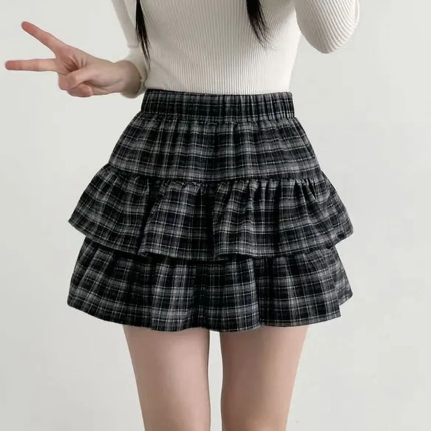 MIKIGA - Geruite rok met hoge taille en ruches aan de zoom