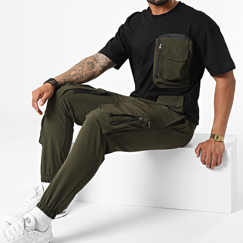 Ensemble Tee Shirt Poche Et Pantalon Jogging F22-908T Noir Vert Kaki