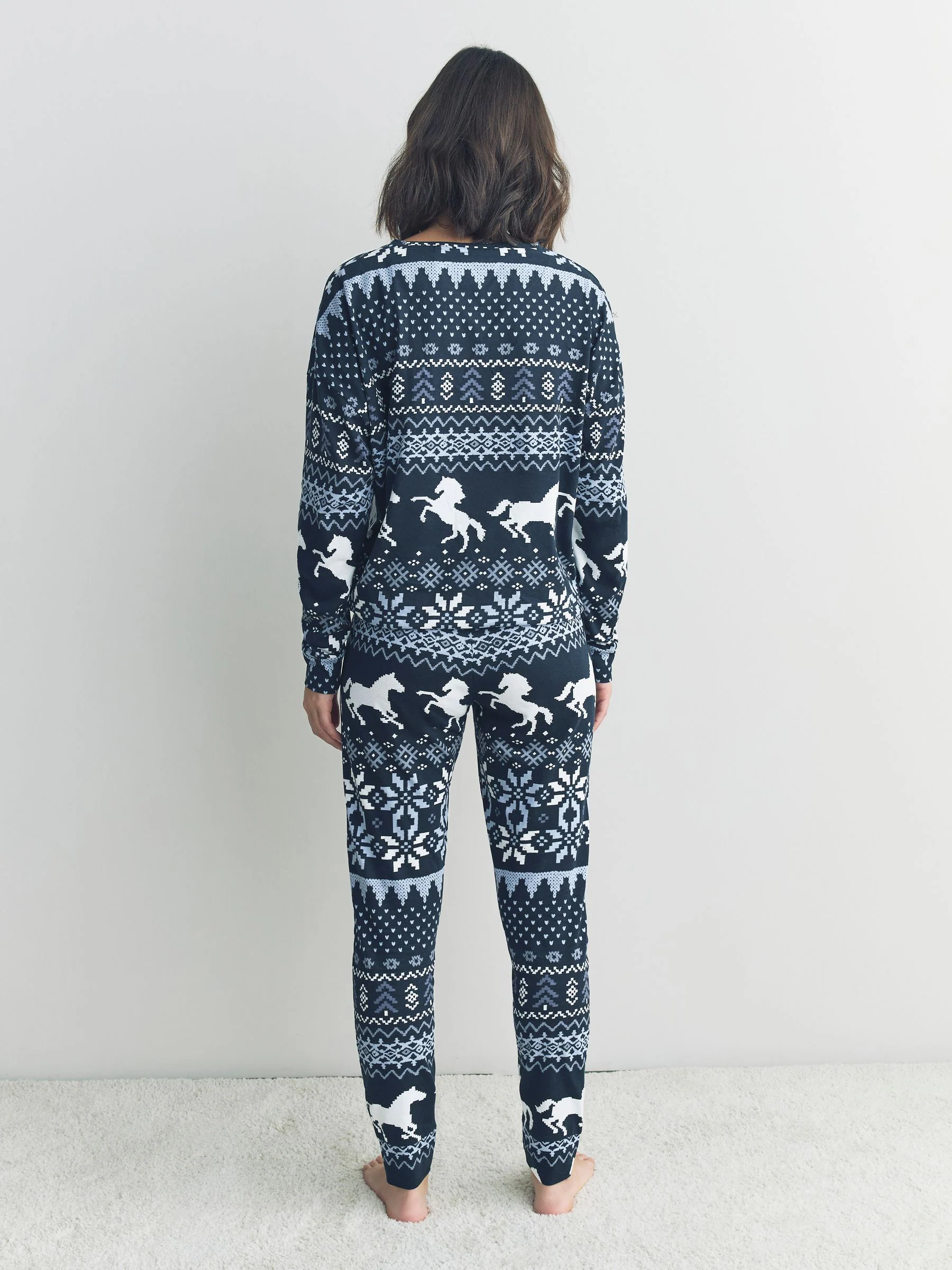 Marineblauwe paarden Print - Pyjama met lange mouwen