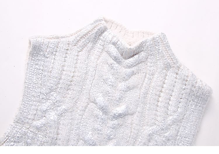 SugaYuja - Mock Neck Cable Knit Plain Crop Sweater Vest