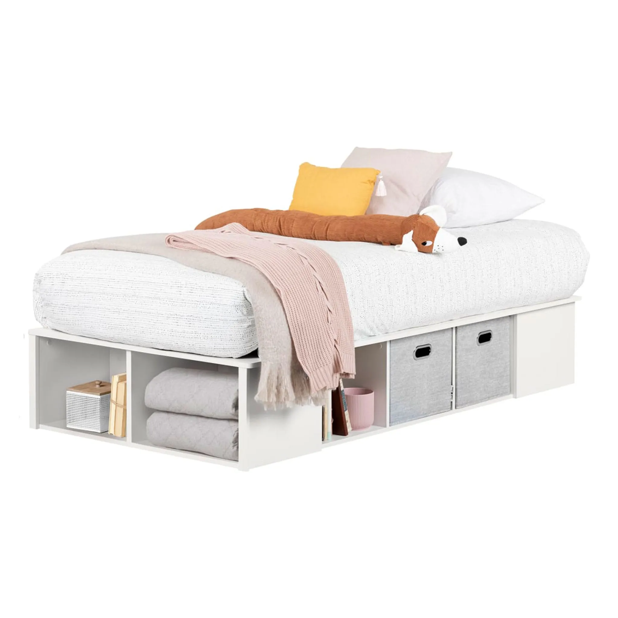 South Shore Lit Plateforme Simple avec Paniers Flexible - Blanc Solide