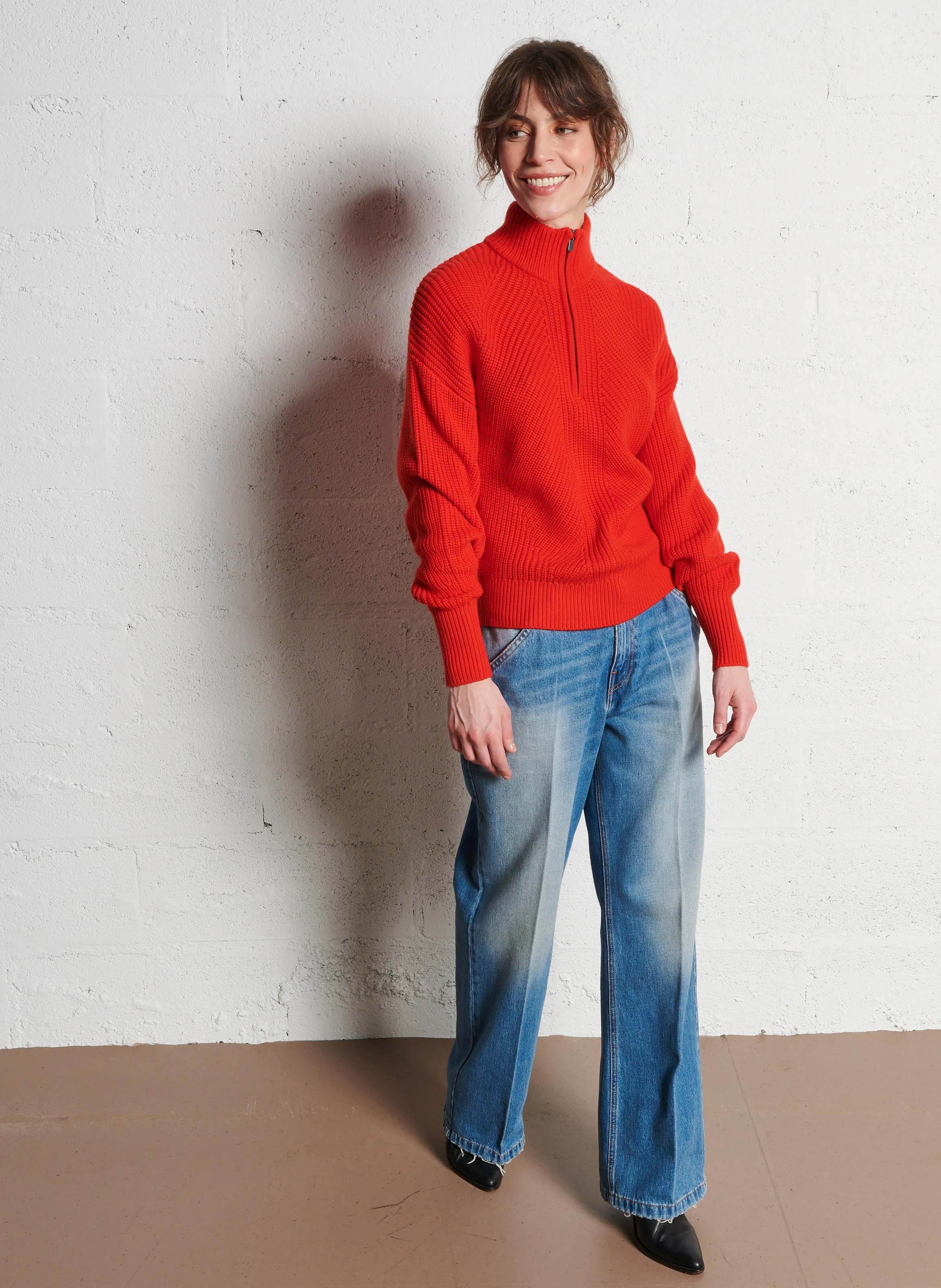 Pull droit col montant zippé en laine mérinos | Rouge