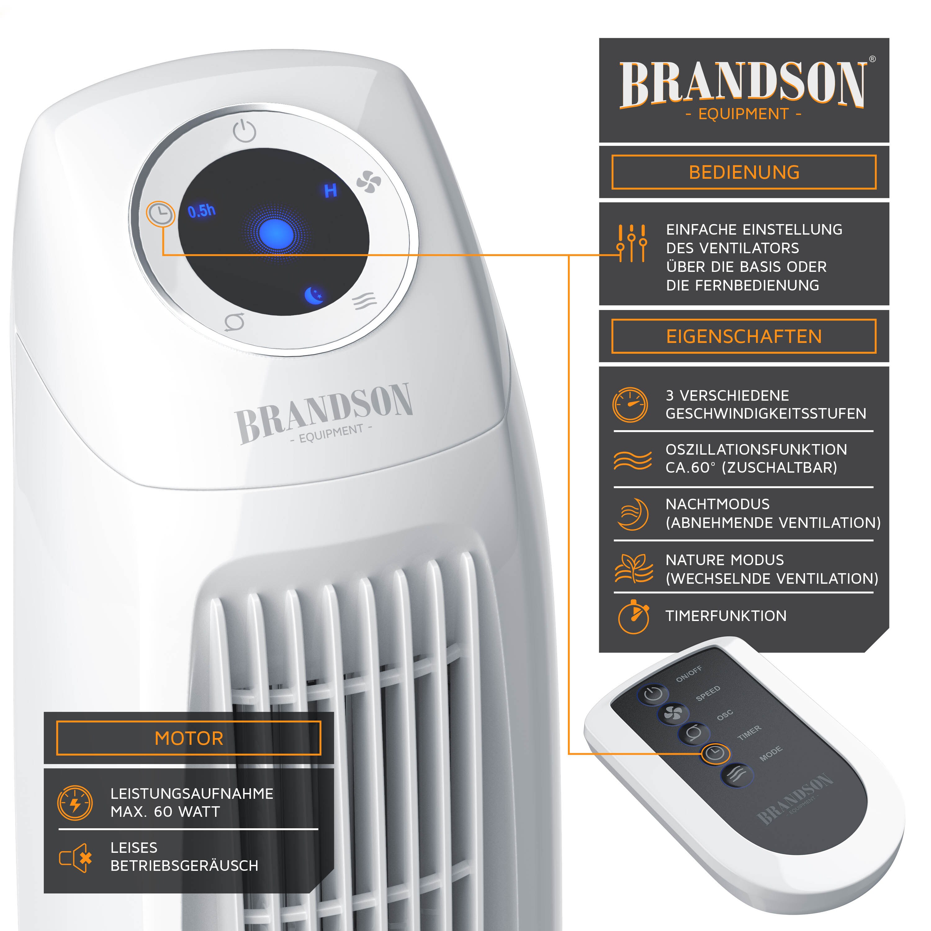 Brandson Turmventilator, Säulenventilator inkl. Fernbedienung, osziellierend, leise, Ventilator mit Timer & 3 Geschwindigkeiten, Weiß