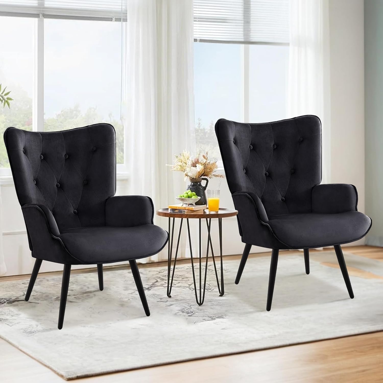 Ohrensessel Sessel Wohnzimmer 2er Set, Skandinavischer Stil Relaxsessel Samt mit Hoher Rückenlehne Loungesessel Polstersessel fürs Wohnzimmer Schlafzimmer Arbeitszimmer, Schwarz