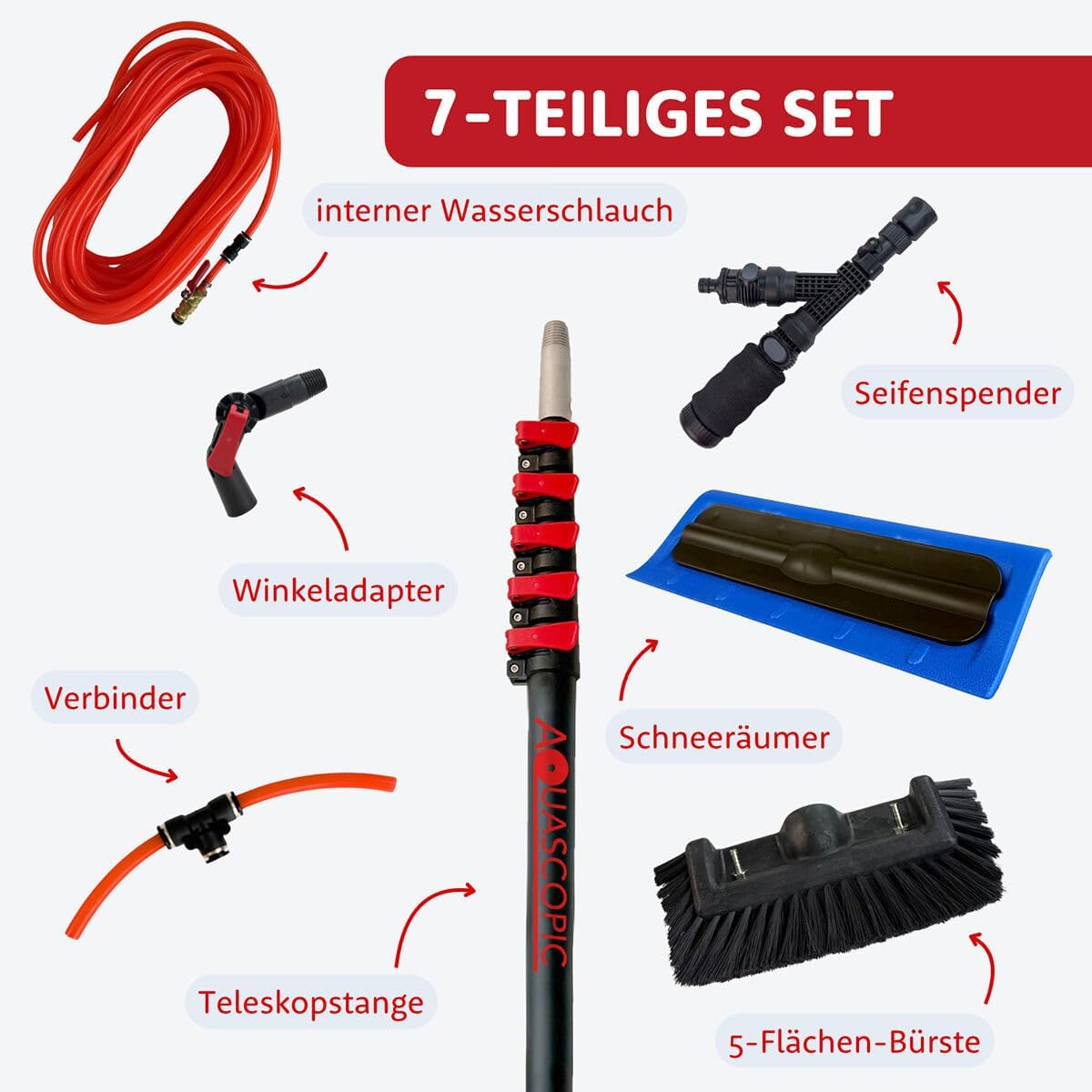Aquascopic Aluminium Teleskopstange 7,2 m mit Schneeräumer & 5-Flächenbürste – Profi Set für sichere Schnee- & Schmutzentfernung auf Solaranlagen, Fenstern, Fassaden & Dächern