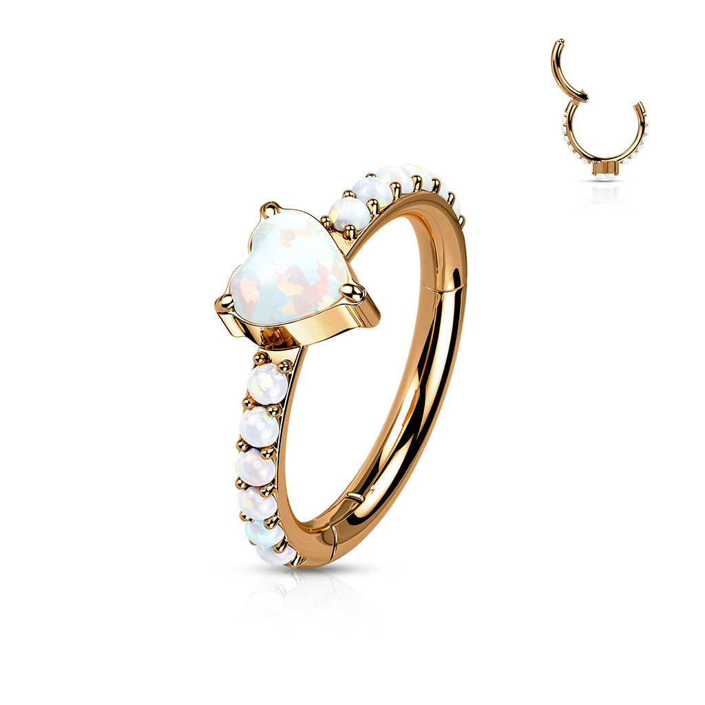 (10mm / 1.2mm) Tragus / Helix G23 Titan Ohr Piercing Klickverschluss Opal Ring mit Herz - Roségold / Weiss