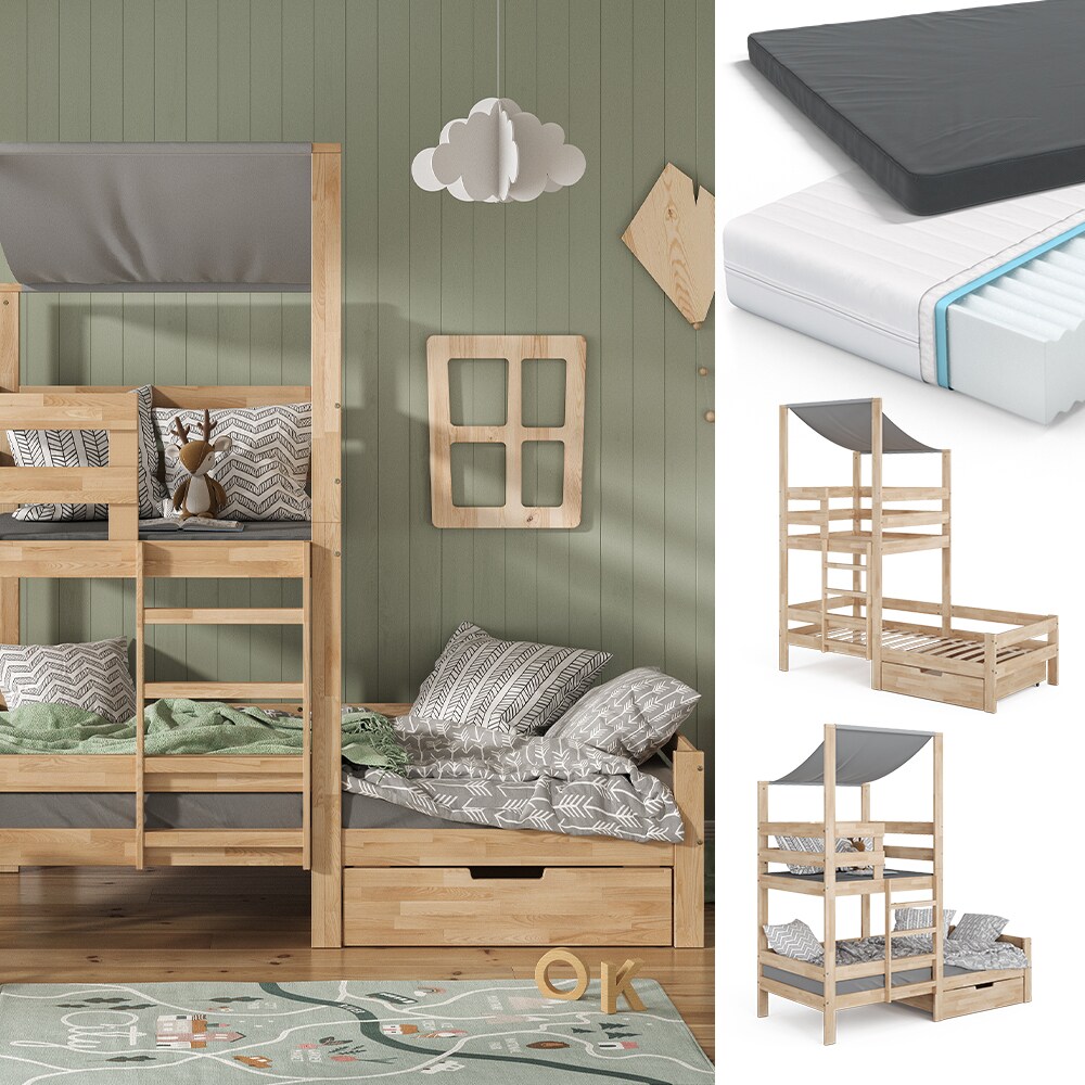 VitaliSpa Spielturmbett Kinderbett Spielbett Tom Natur modern 204x218 cm Massivholz Kinderzimmer Lattenrost Bettleiter Bett Schublade Matratze Abenteuerbett Kletterbett
