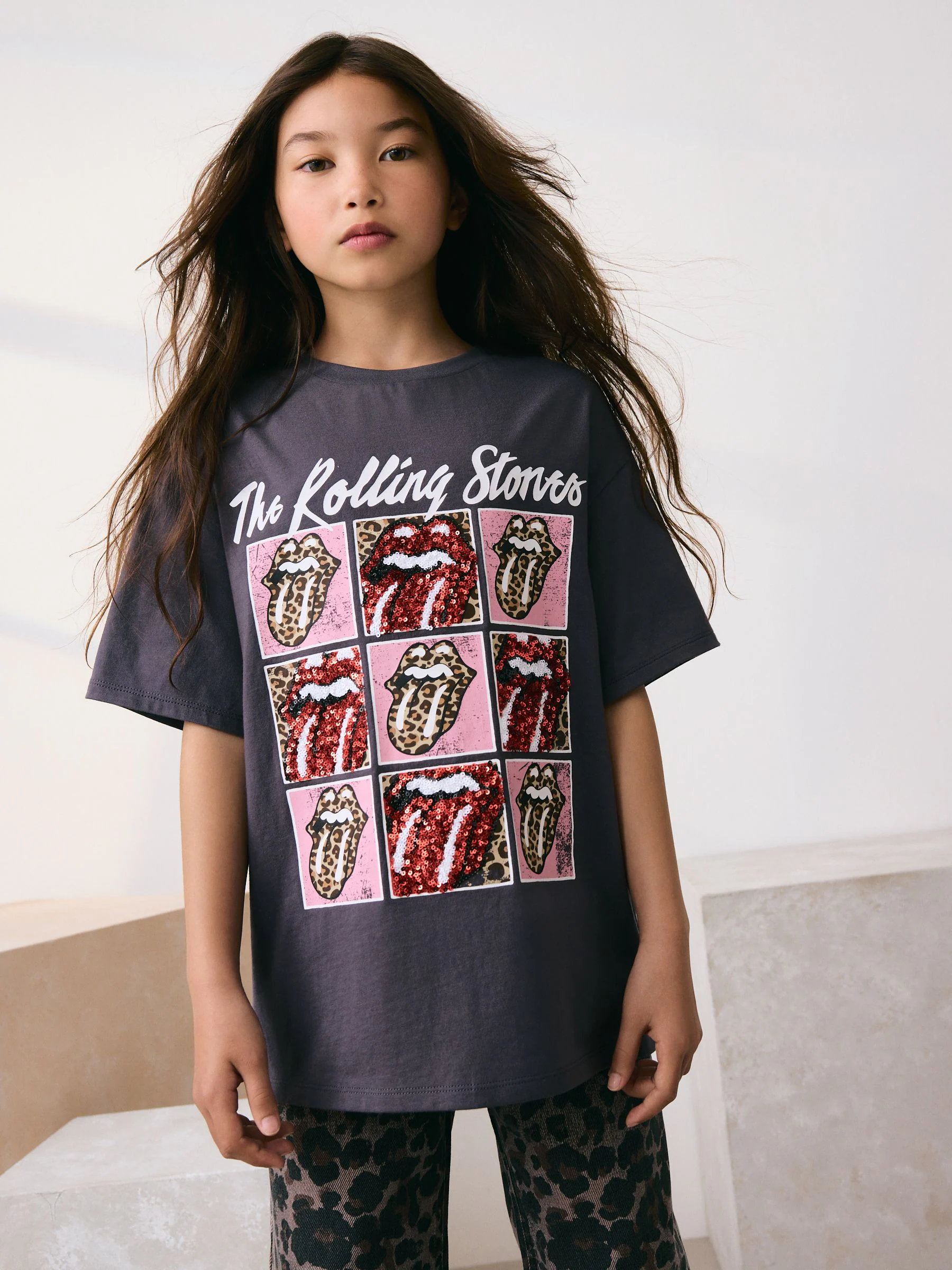 Antraciet - The Rolling Stones - T-shirt met pailletten (3-16jr)