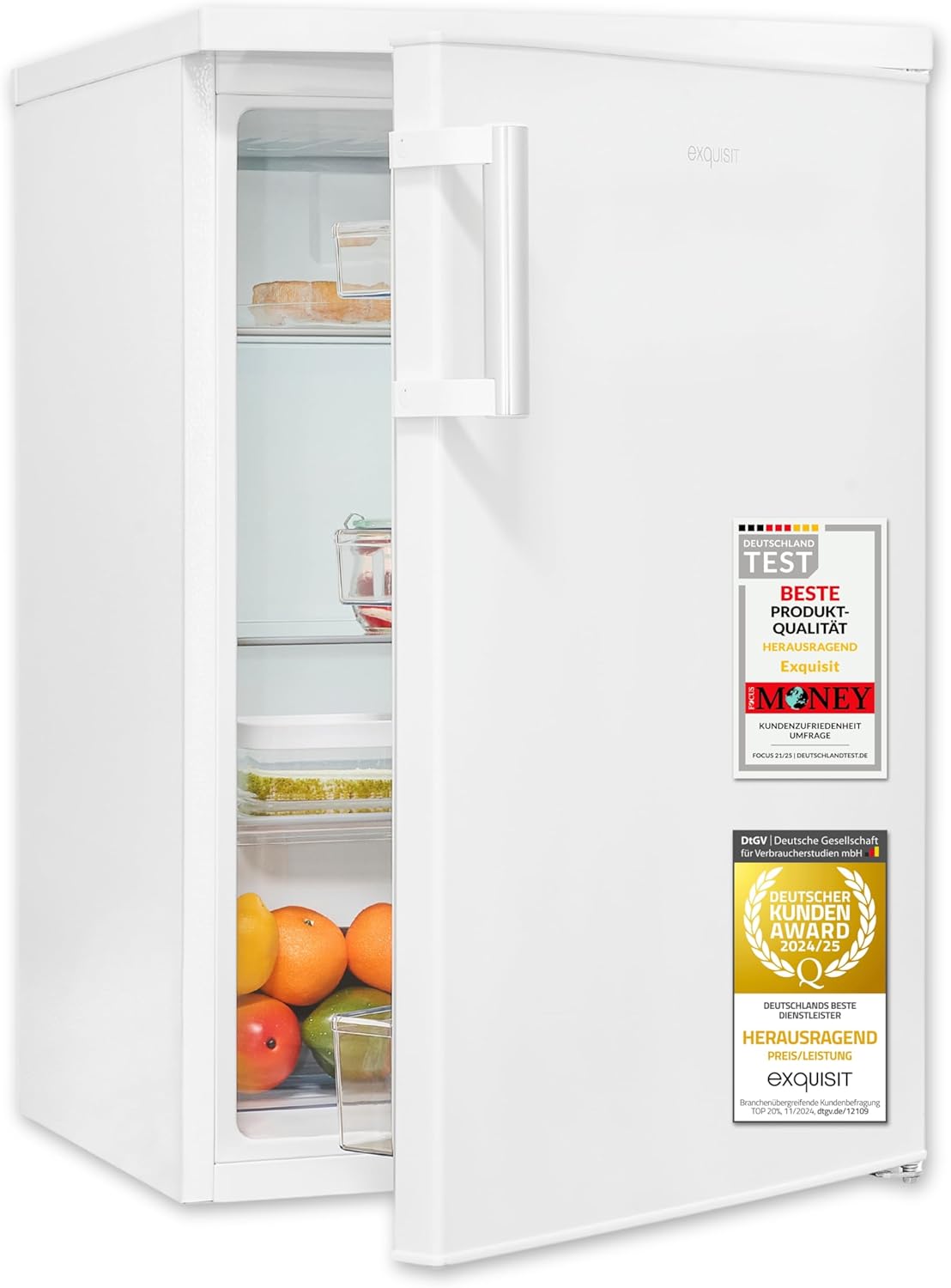 Exquisit Kühlschrank | 133 l Nutzinhalt, Energieklasse C, 37 dB(A) | kompakt, LED-Innenbeleuchtung, verstellbare Glasablagen, Gemüseschublade, manuelle Temperaturregelung | KS516-V-H-010C weiss