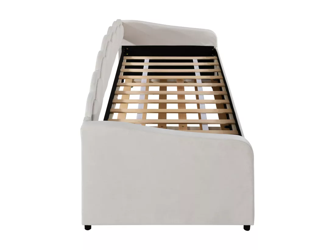 Lit banquette 90x200cm avec LED + lit gigogne 90x190cm - rembourré en tissu velours - Beige (matelas non inclus)
