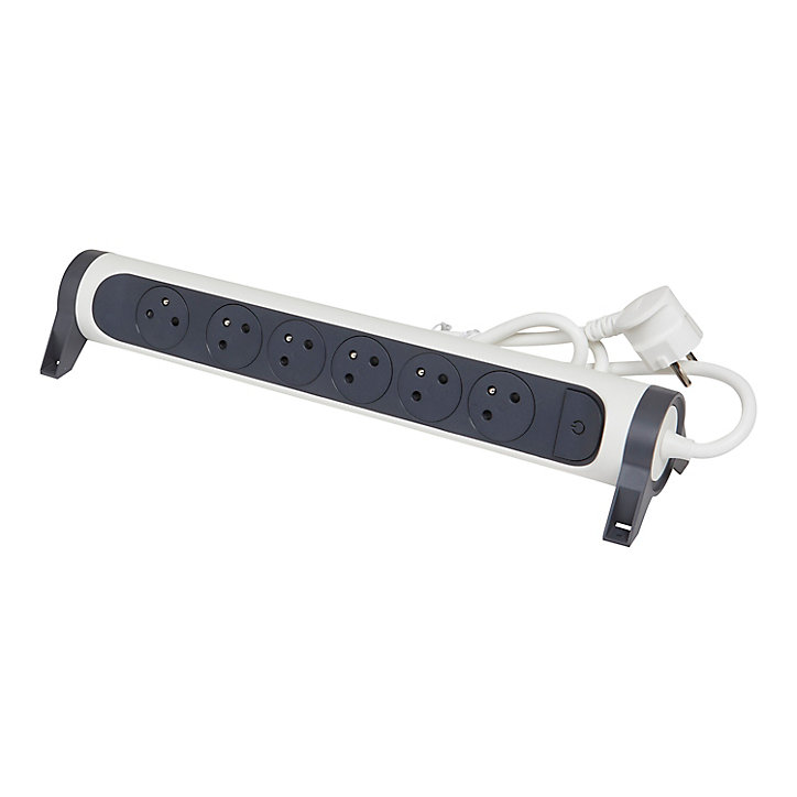 Multiprise avec interrupteur 6 prises rotative à fixer Legrand blanc et gris 1.5 m