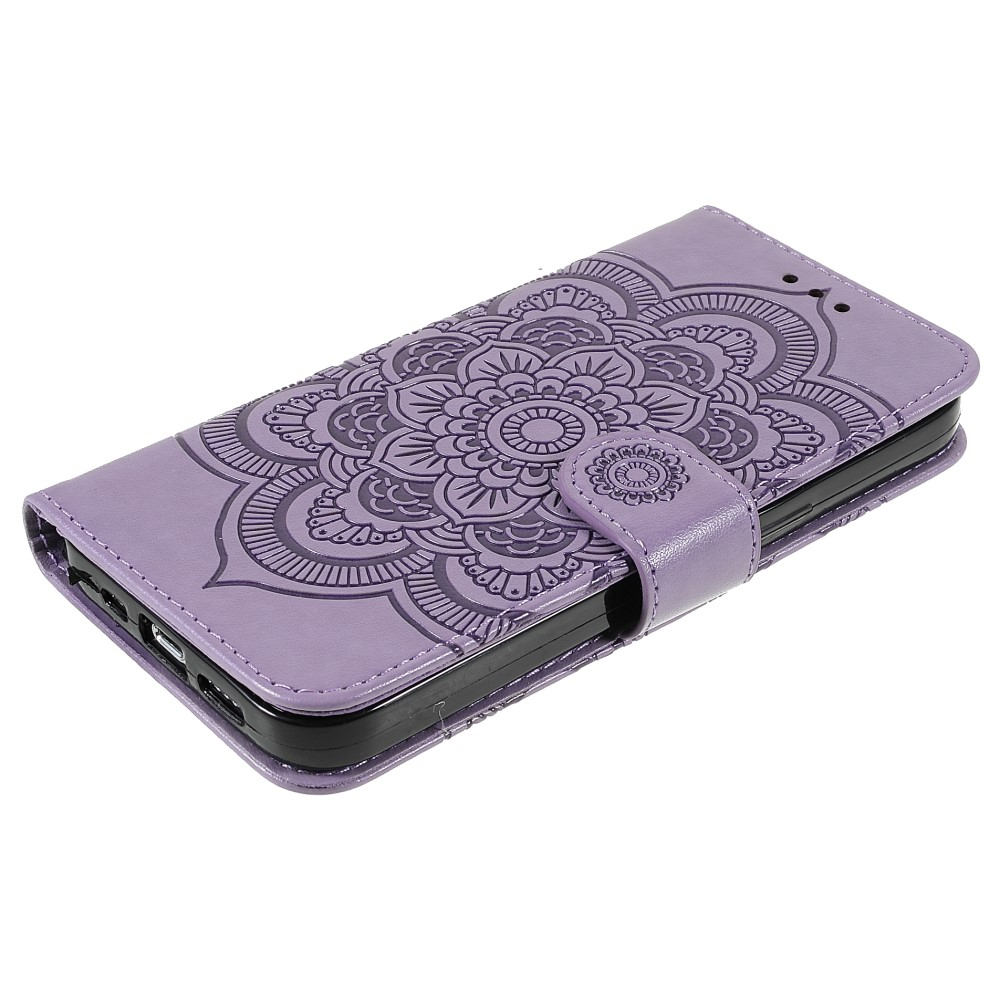 iPhone 13 Pro Leder Tasche Wallet - Mandala Flowers Imprint - Lila