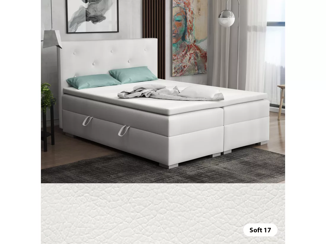 Lit Boxspring avec tiroirs de lit, Coffre de lit Topper Atlanta 180x200 cm, Soft 17 (Blanc)