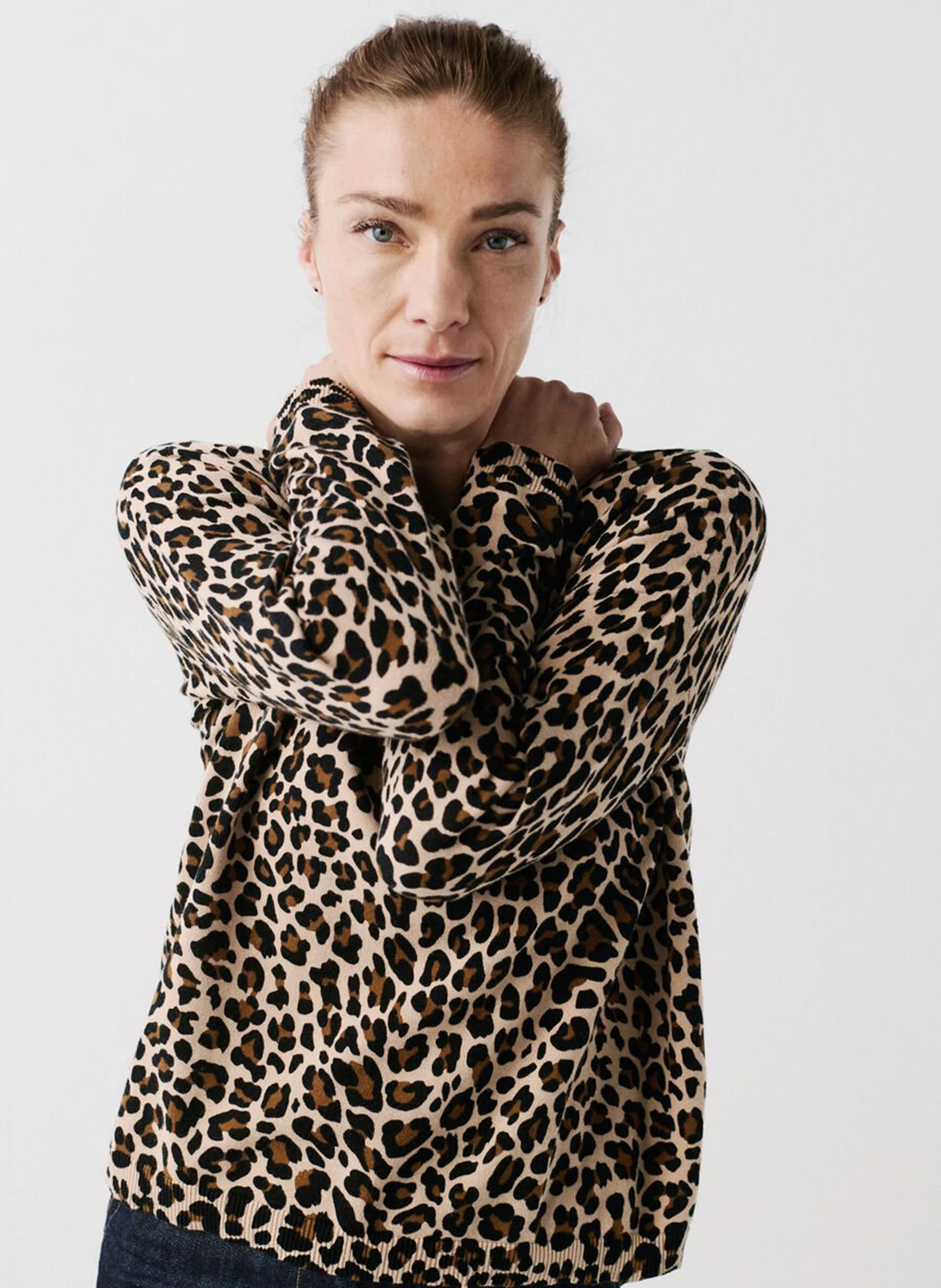 MADO - Pull col rond motif léopard en coton | Marron