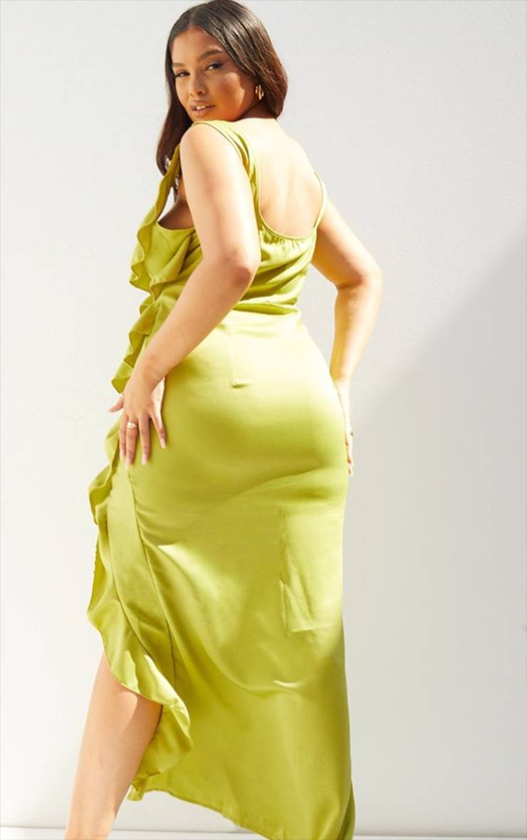 Vert Olive Robe Longue Satinée À Volants Superposés Grande Taille