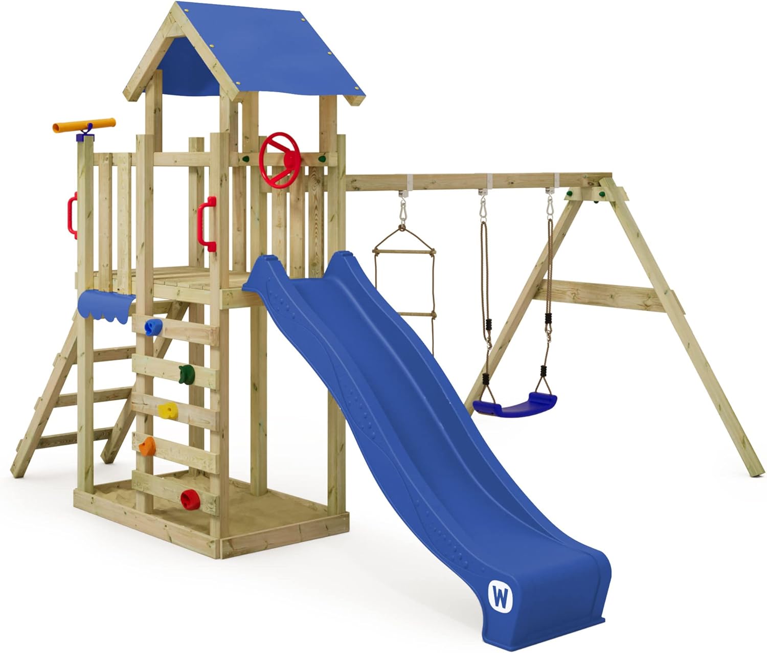 Wickey Spielturm Klettergerüst MultiFlyer Light, Schaukel & Blauer Rutsche, Outdoor Kinder Kletterturm mit Sandkasten, Leiter & Spiel-Zubehör für den Garten