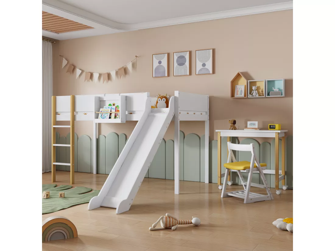 Lit mezzanine 90 x 200 cm avec toboggan, table et étagère amovible, pin+MDF, blanc+naturel