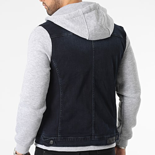 Veste Jean Capuche Bleu Brut Gris Chiné