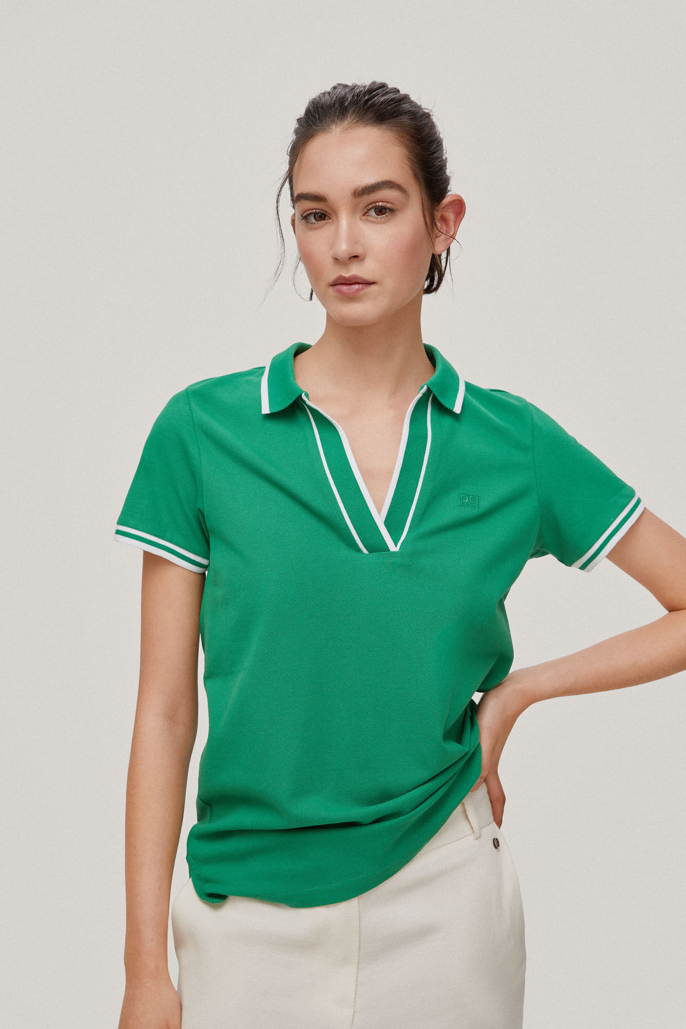 Camisa polo de manga curta com decote profundo - Verde