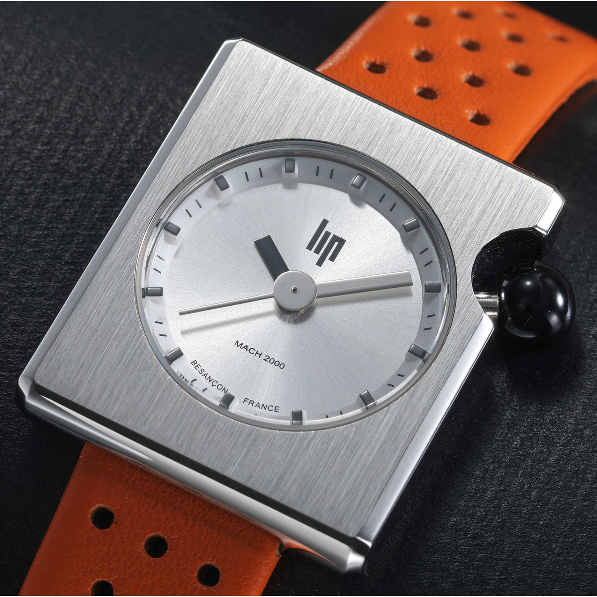Montre LIP Mach 2000 Mini Square femme acier bracelet cuir orange
