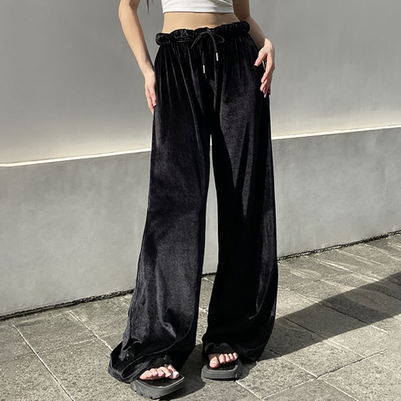 Honet - Hoge taille effen fluwelen losse broek met wijde pijpen