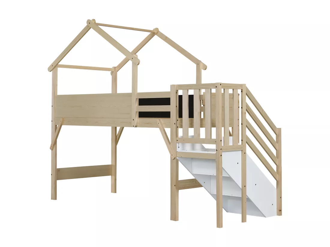 Lit mezzanine 90x200cm en bois - avec tableau noir et escalier de rangement - Naturel
