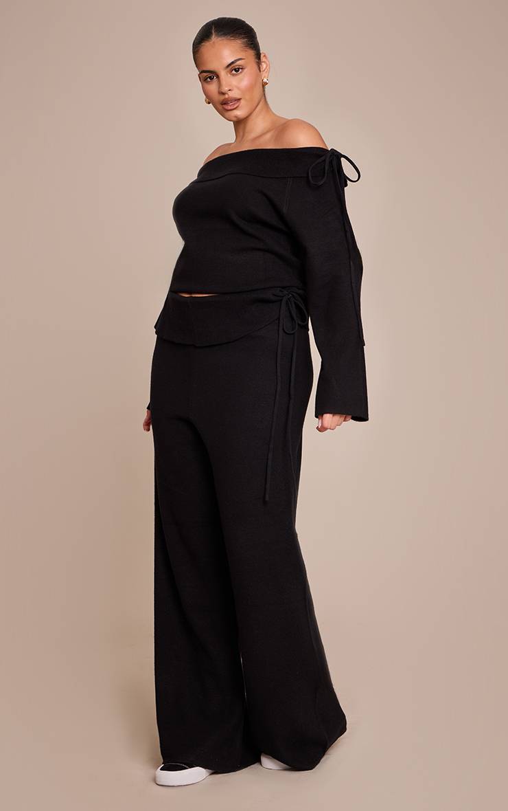 Noir Pantalon Large En Maille Avec Taille Repliée Et Liens Latéraux Plus