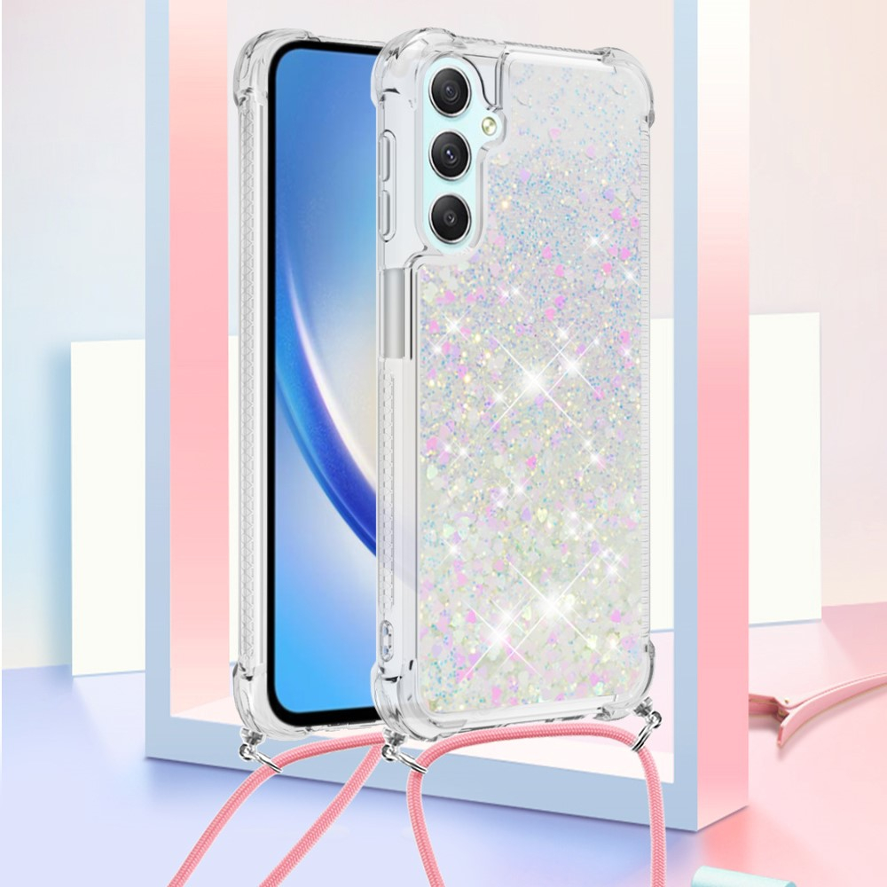 Samsung Galaxy A25 / A24 Necklace Gummi Hülle Liquid Glitzer   Handykette (130cm) - Rosa / Silber
