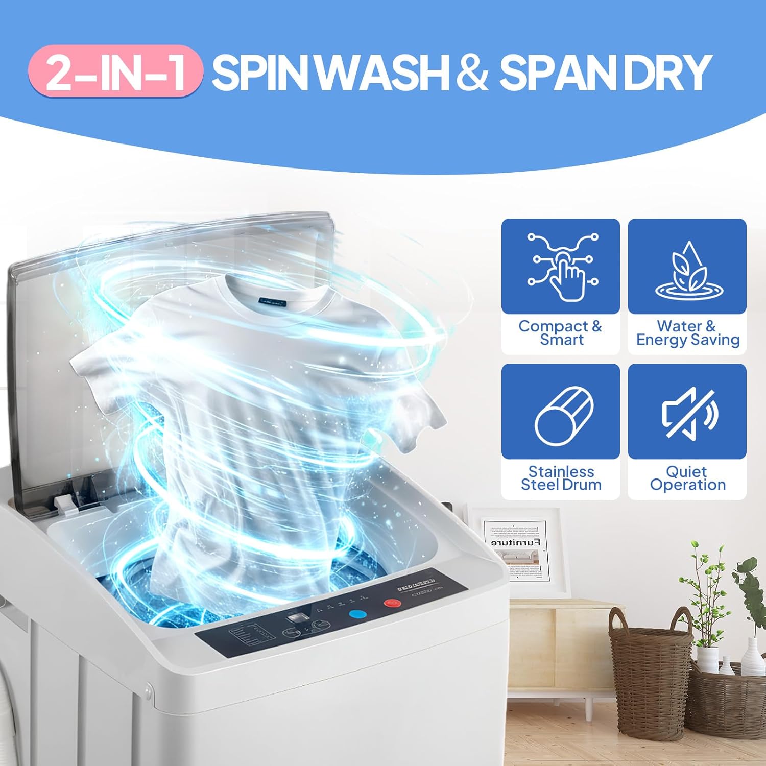 Bonnlo Waschmaschine Toplader 5 KG, Toplader Waschmaschine mit 8 Waschprogramm & 5 Wasserstände, Kleine Waschmaschine 24H-Timer, 60-70 dB (5 KG)