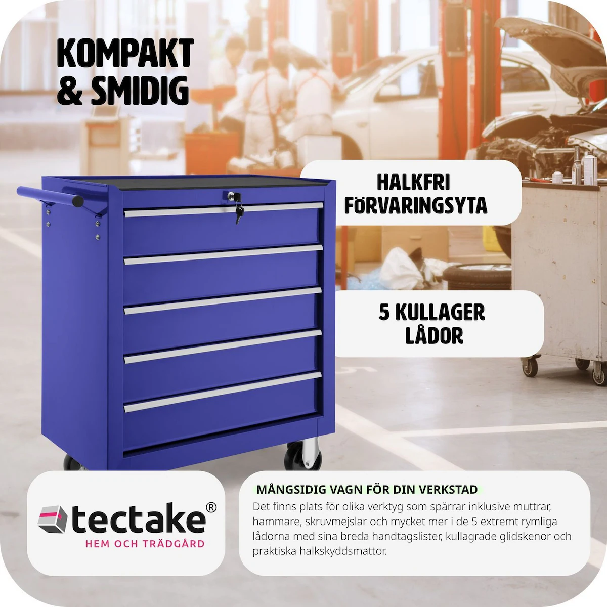 Verktøyvogn med 5 skuffer - blå