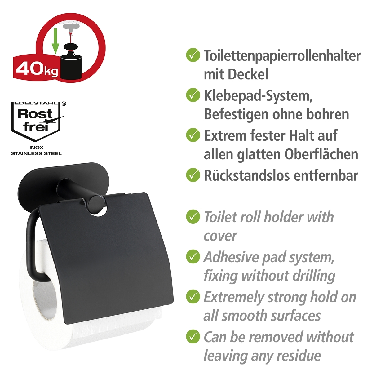 Wenko Orea turbo-loc toiletrolhouder met deksel RVS zwart mat