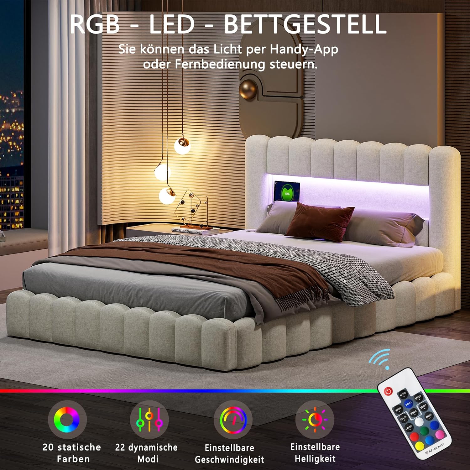 Polsterbett Bubble Bett 180x200 cm, Doppelbett Stauraumbett Jugendbett mit Bettkasten und Stauraum-Kopfteil, Funktionsbett (Weiß + Leinen, 180x200cm)