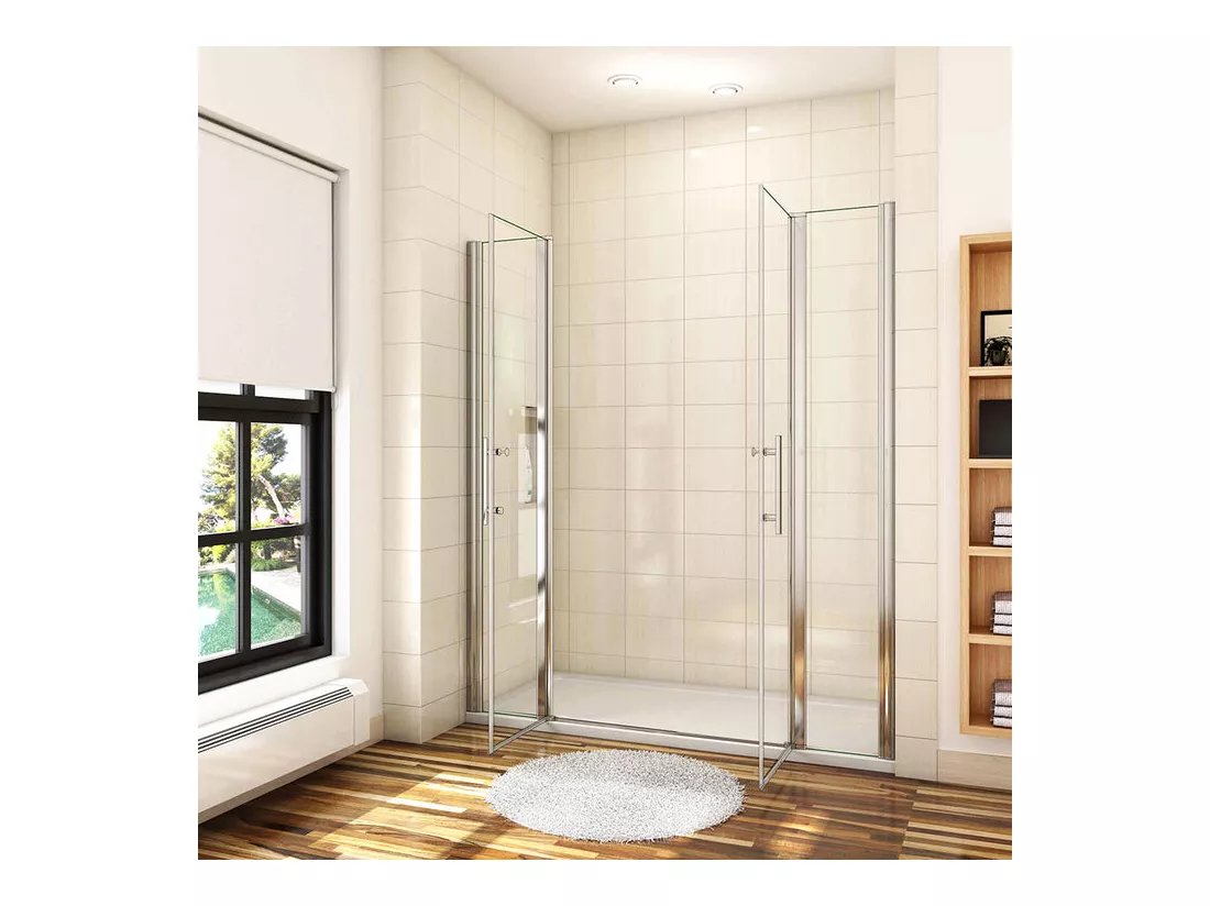 Porte de douche battante H.187cm largeur réglable 174 à 179.4cm, paroi pivotante 180° - Avec 2 éléments fixes - 6mm verre transparent