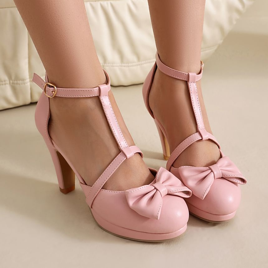 Megan - Chunky Heel Plain Bow Accent Faux Leather D'Orsay Pumps