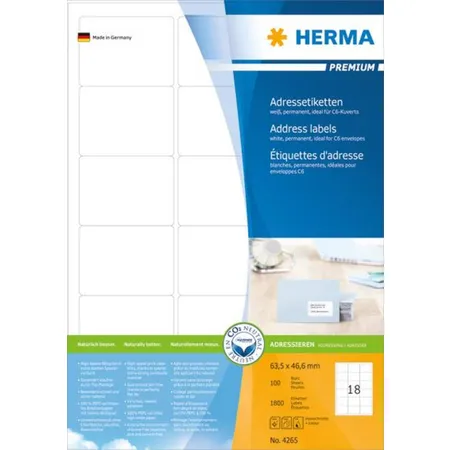 HERMA Adressetiketten Premium, weiß, 63,5 x 46,6mm, 1800 Stück