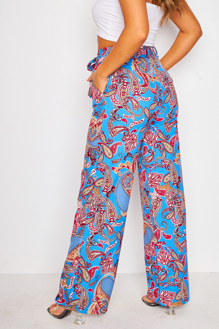 Ensemble bleu paisley blazer + pantalon ceinturé