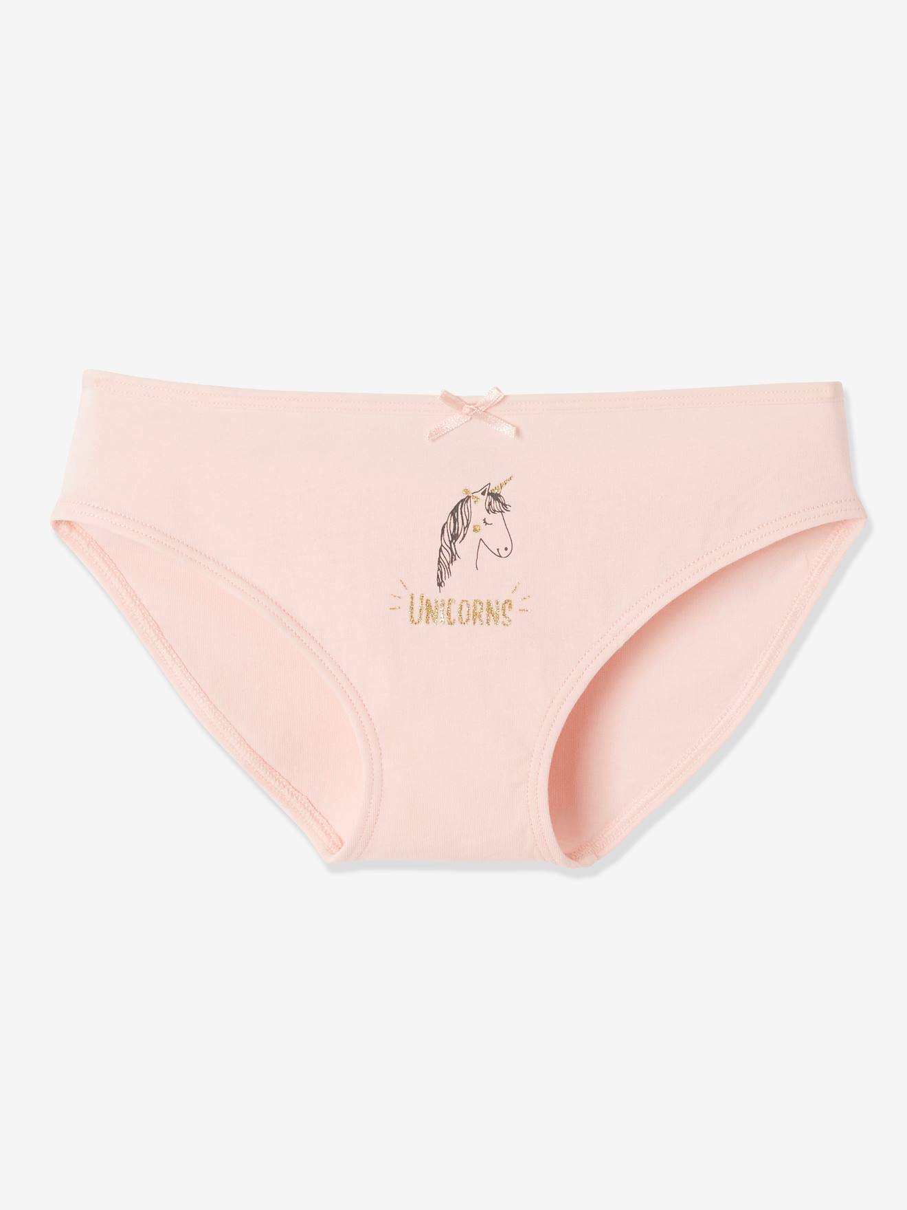 Conjunto de 3 calcinhas com estampas de gatos e unicórnios, para meninas, rosa claro liso com detalhes.