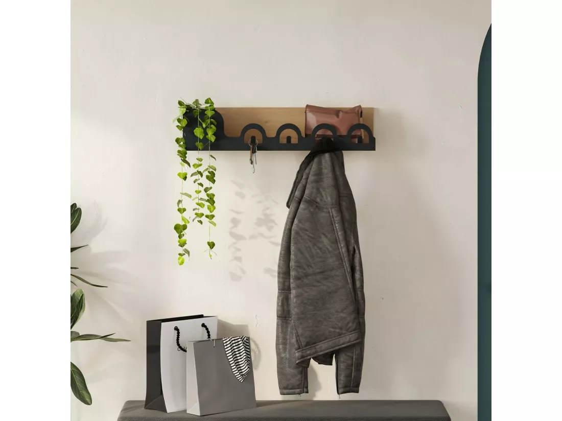 Portemanteau Dmagistrell, Portemanteau, Porte-vêtements polyvalent, Cintre mural, 63x14 h14 cm, Chêne
