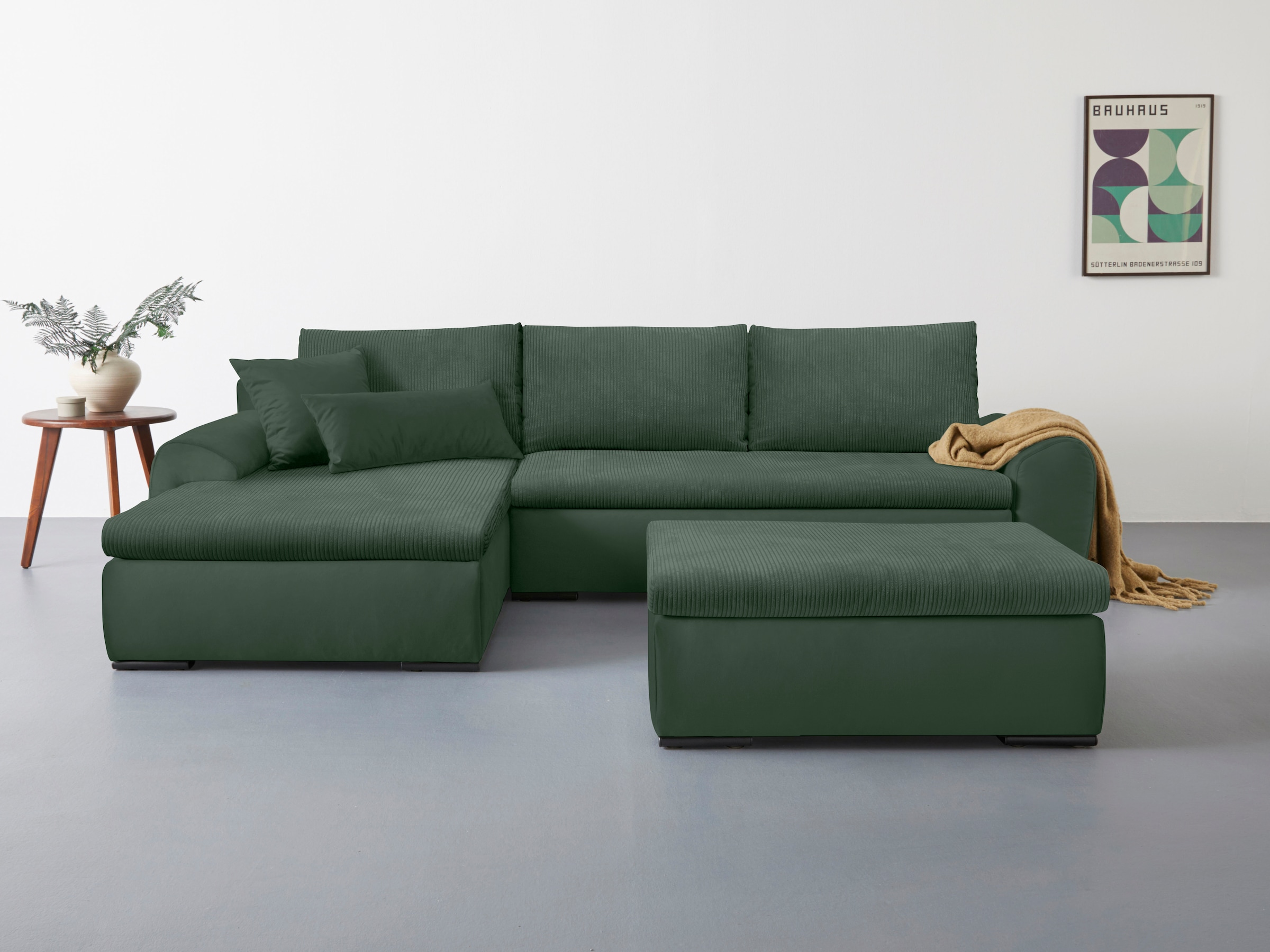 Home affaire Ecksofa »Win, L-Form,  Breite 285cm« optional mit Schlaffunktion und Bettkasten, dunkelgrün, Cord